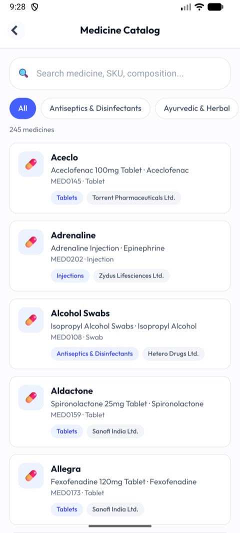 MedFlow medicine catalog with search and category filters